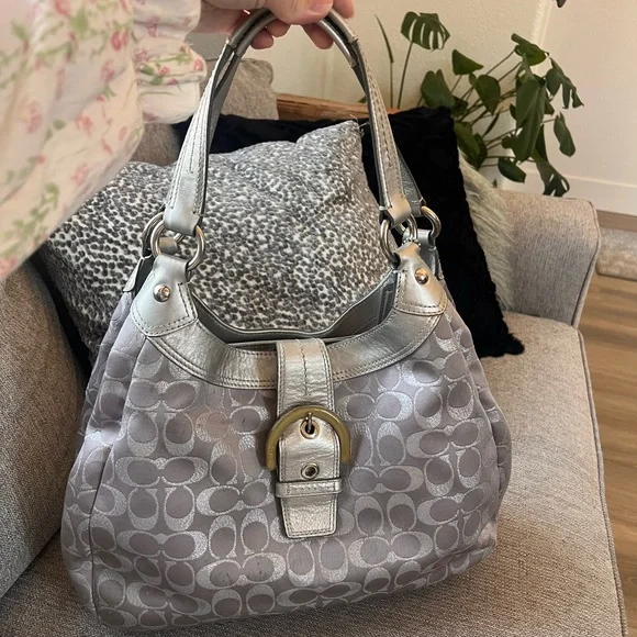 Coach Soho Signature Metallic Silver Gray Purple Sateen Buckle Hobo Shoulder Bag - Picture 3 of 10